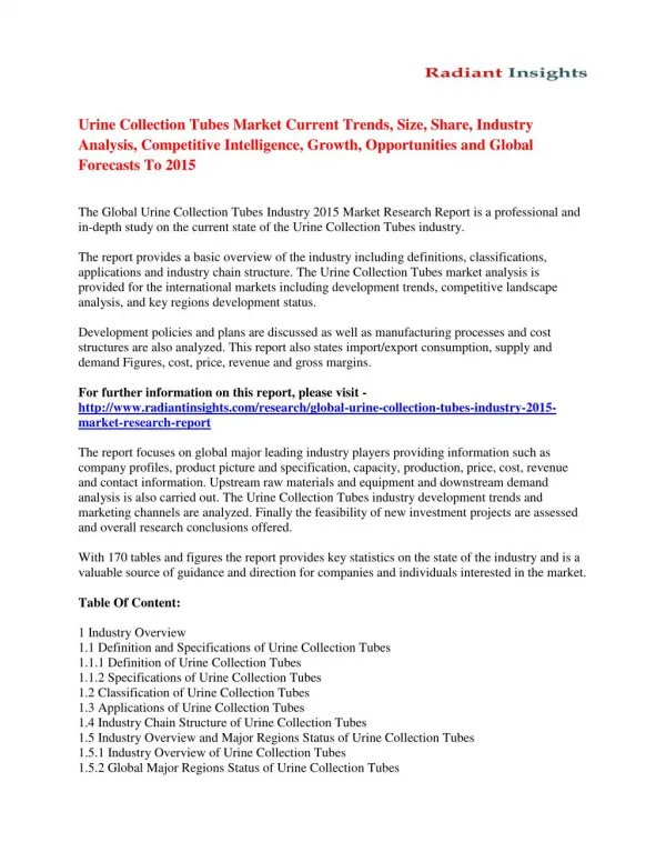 Urine Collection Tubes Market Share, Size, Trends, Growth, Competitive Strategies And Forecasts To 2015