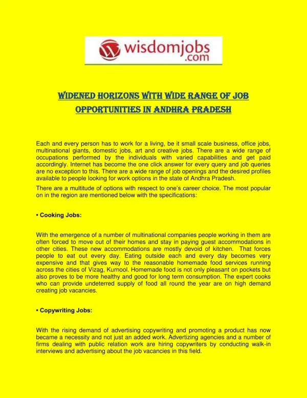 Widened Horizons with Wide Range of Job Opportunities in Andhra Pradesh
