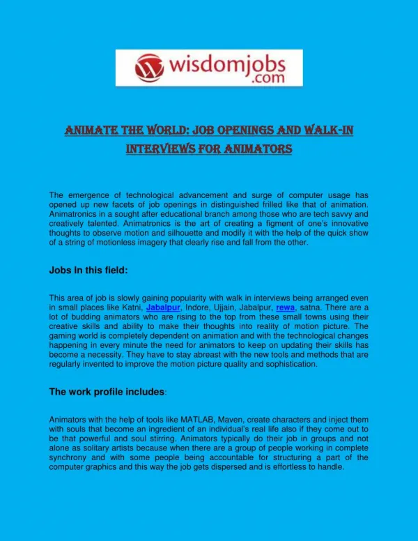Animate the World: Job openings and Walk-in Interviews for Animators
