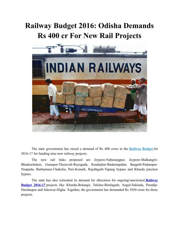 Railway Budget 2016: Odisha Demands Rs 400 cr For New Rail Projects