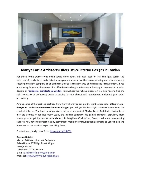 Martyn Pattie Architects Offers Office Interior Designs in London