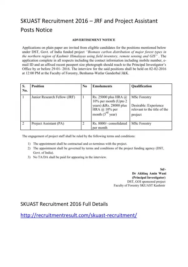 SKUAST Recruitment 2016 – JRF and Project Assistant Posts Notice