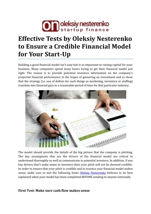 Effective Tests by Oleksiy Nesterenko to Ensure a Credible Financial Model for Your Start-Up