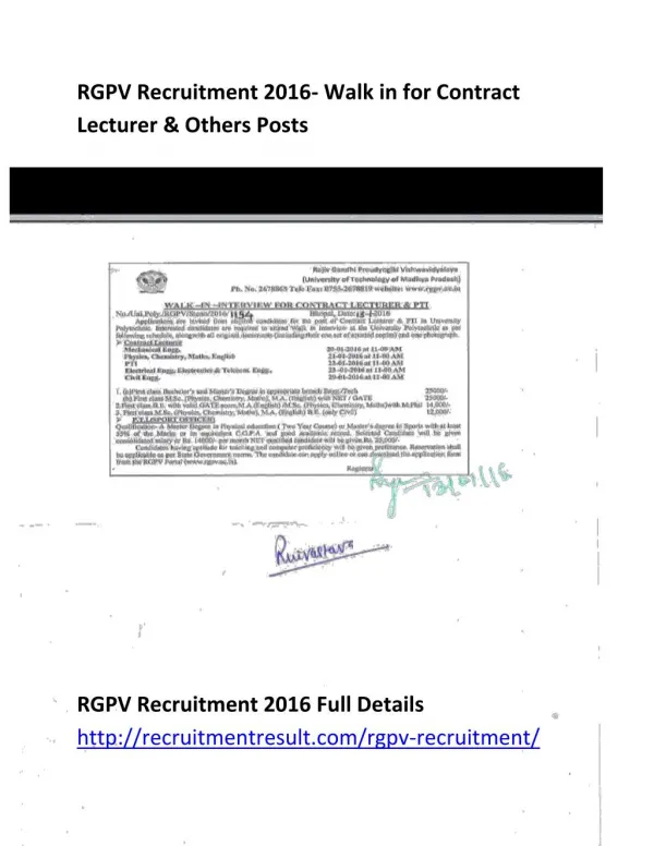 RGPV Recruitment 2016- Walk in for Contract Lecturer & Others Posts