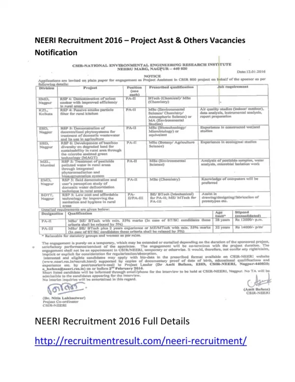 NEERI Recruitment 2016 – Project Asst & Others Vacancies Notification