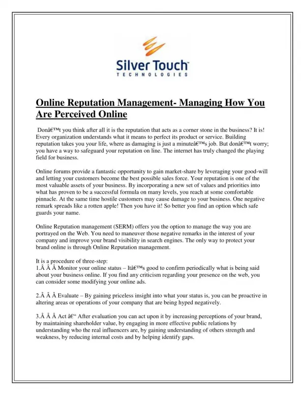 Online Reputation Management- Managing How You Are Perceived Online