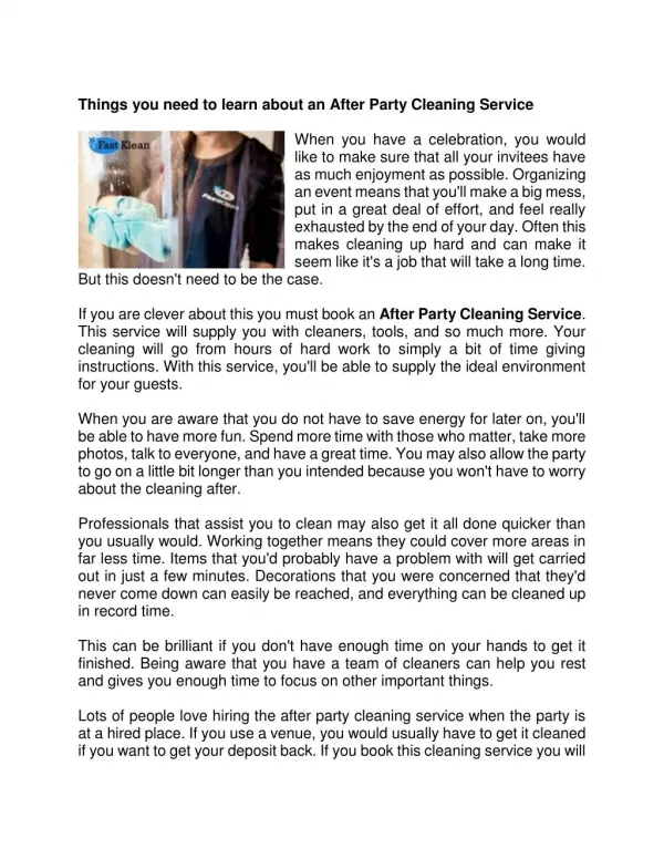 Things you need to learn about an After Party Cleaning Service