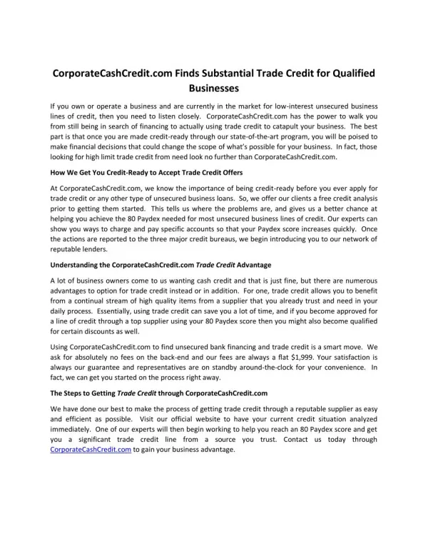 CorporateCashCredit.com Finds Substantial Trade Credit for Qualified Businesses