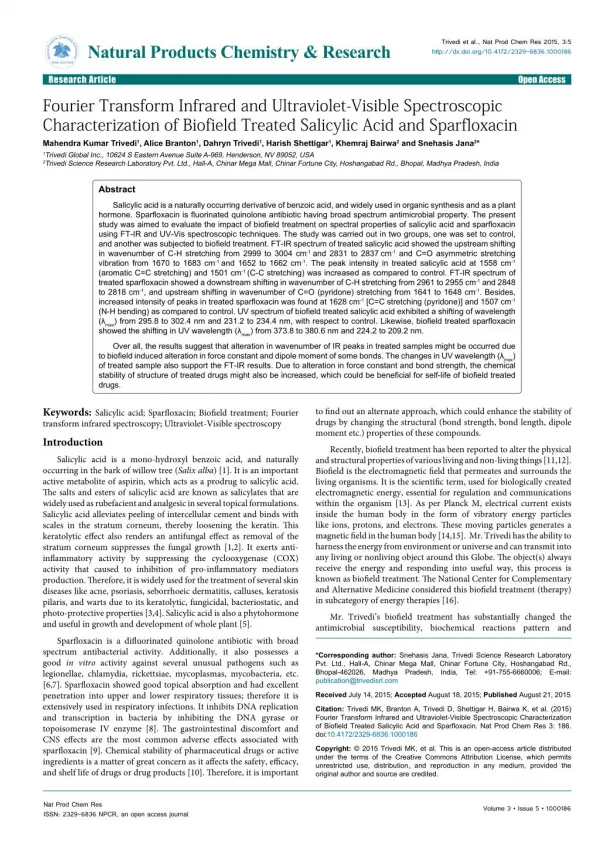 Fourier Transform Infrared of Salicylic Acid & Sparfloxacin