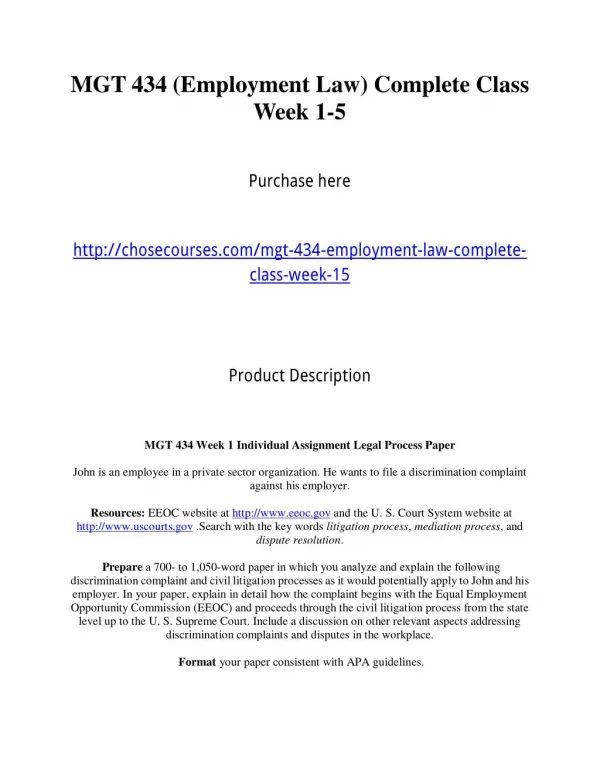 MGT 434 (Employment Law) Complete Class Week 1-5