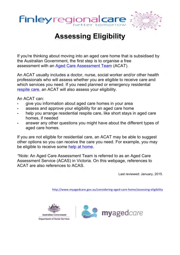 Aged care Assessing Eligibility