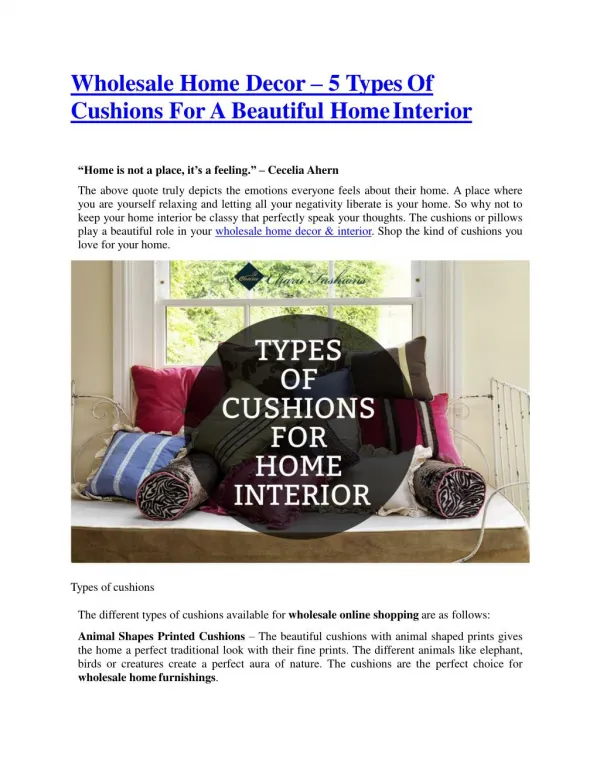 Wholesale Home Decor – 5 Types Of Cushions For A Beautiful Home Interior