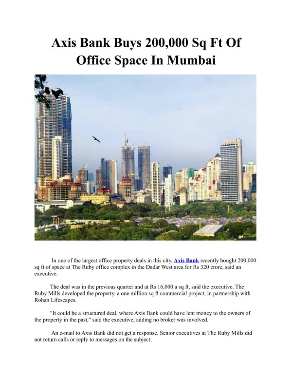 Axis Bank Buys 200,000 Sq Ft Of Office Space In Mumbai
