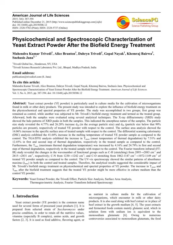 Physicochemical and Spectroscopic Characterization of Yeast Extract Powder After the Biofield Energy Treatment