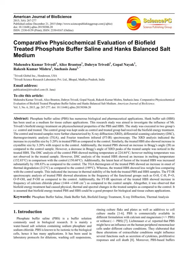 Comparative Physicochemical Evaluation of Biofield Treated Phosphate Buffer Saline and Hanks Balanced Salt Medium
