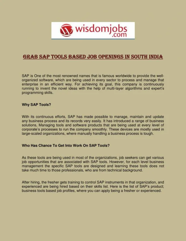 Grab SAP Tools Based Job Openings in South India