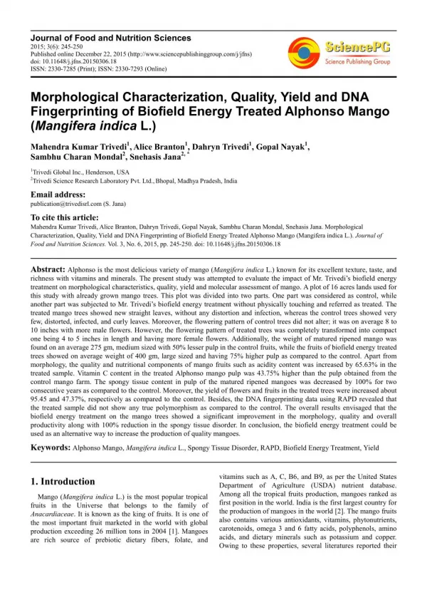 Morphological Characterization, Quality, Yield and DNA Fingerprinting of Biofield Energy Treated Alphonso Mango (Mangife