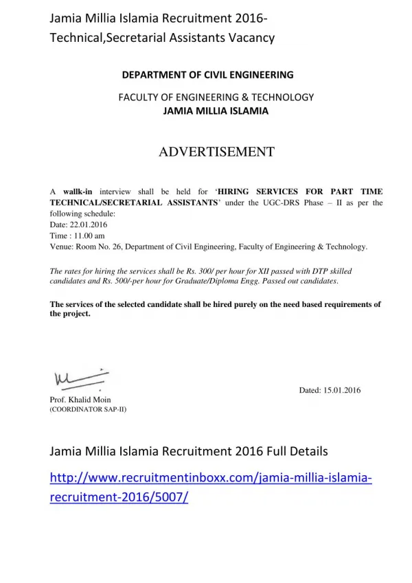 Jamia Millia Islamia Recruitment 2016-Technical,Secretarial Assistants Vacancy