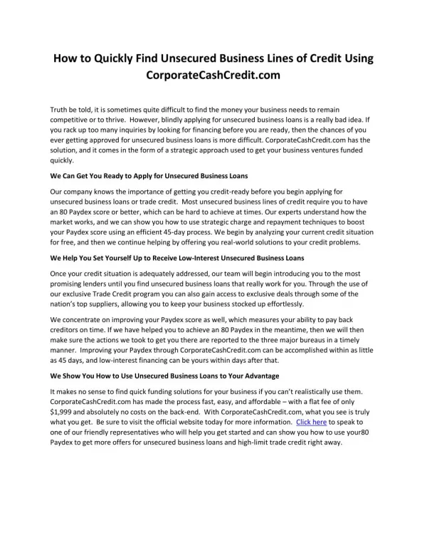 How to Quickly Find Unsecured Business Lines of CreditUsing CorporateCashCredit.com