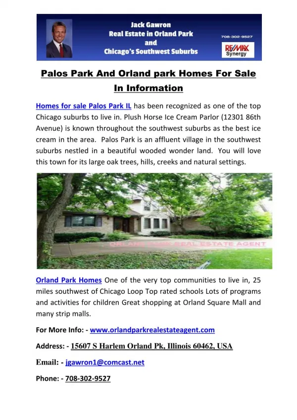 Palos Park And Orland park Homes For Sale In Information