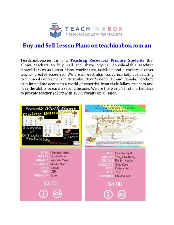 Buy and Sell Lesson Plans on teachinabox.com.au