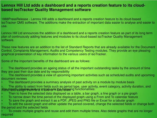 Lennox Hill Ltd adds a dashboard and a reports creation feature to its cloud-based isoTracker Quality Management softwar