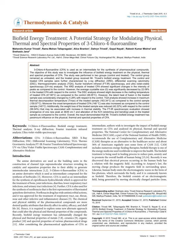 Biofield Energy Treatment Effect on 3-chloro 4-fluoroaniline