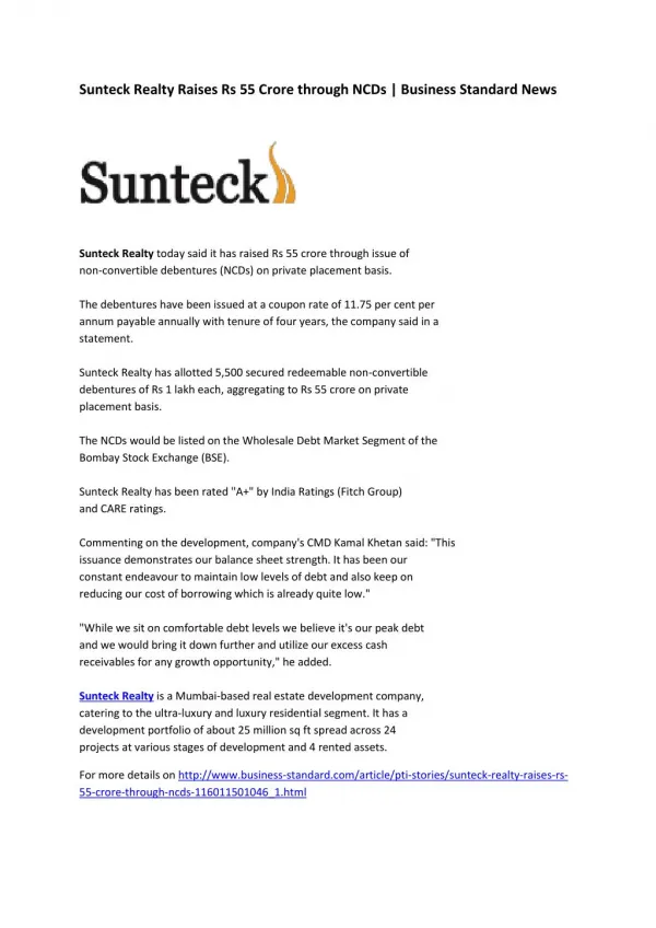 Sunteck Realty raises Rs 55 crore through NCDs | Business Standard News