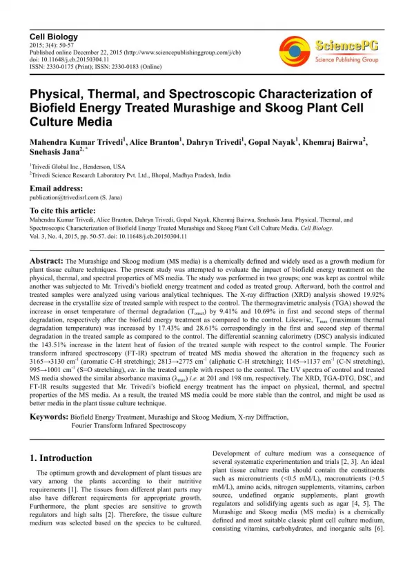 Physical, Thermal, and Spectroscopic Characterization of Biofield Energy Treated Murashige and Skoog Plant Cell Culture