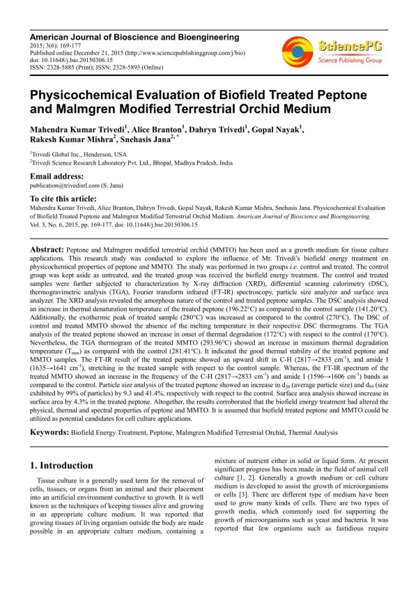 Physicochemical Evaluation of Biofield Treated Peptone and Malmgren Modified Terrestrial Orchid Medium