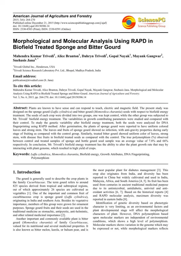 Morphological and Molecular Analysis Using RAPD in Biofield Treated Sponge and Bitter Gourd