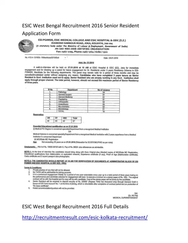 ESIC West Bengal Recruitment 2016 Senior Resident Application Form