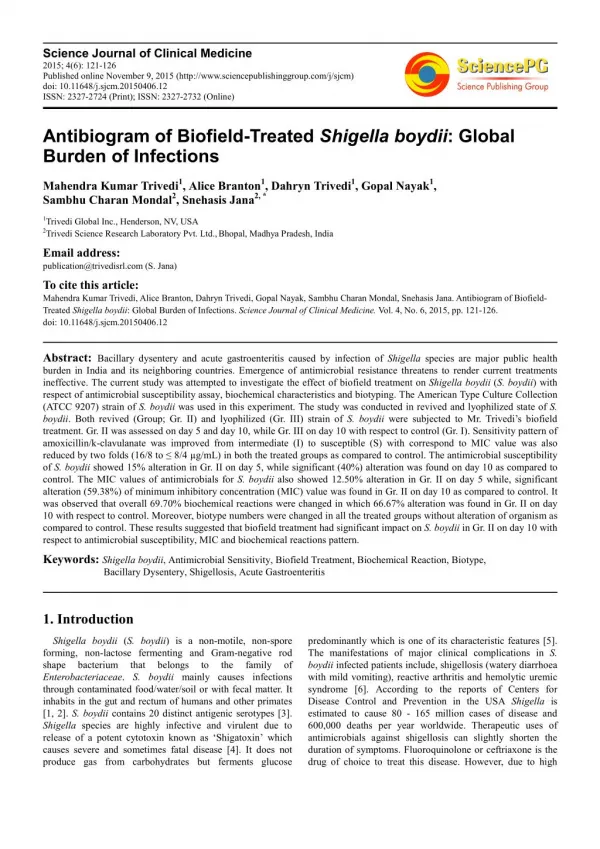 Antibiogram of Biofield-Treated Shigella boydii: Global Burden of Infections