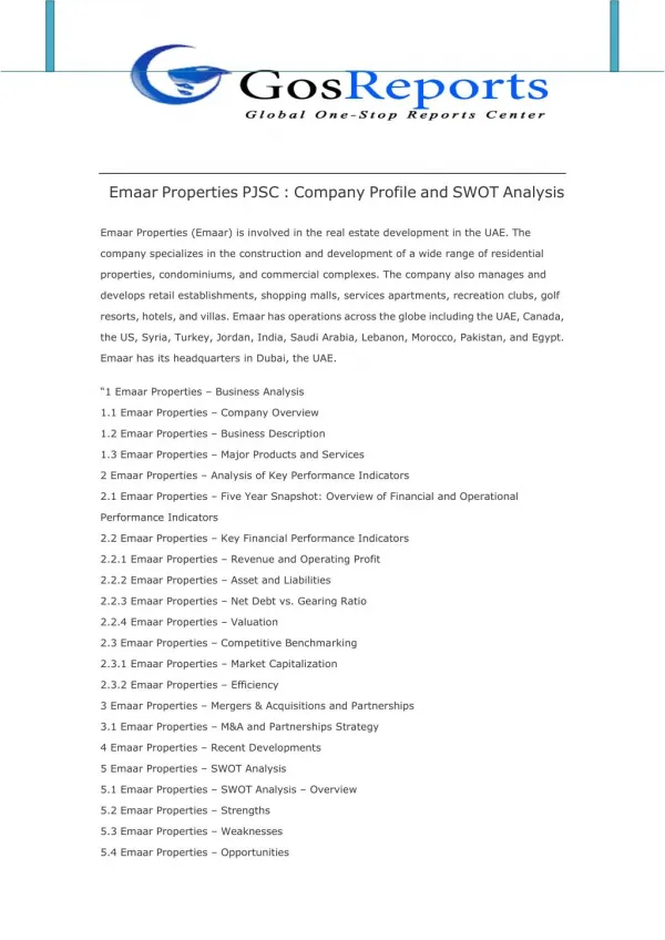 Emaar Properties PJSC : Company Profile and SWOT Analysis