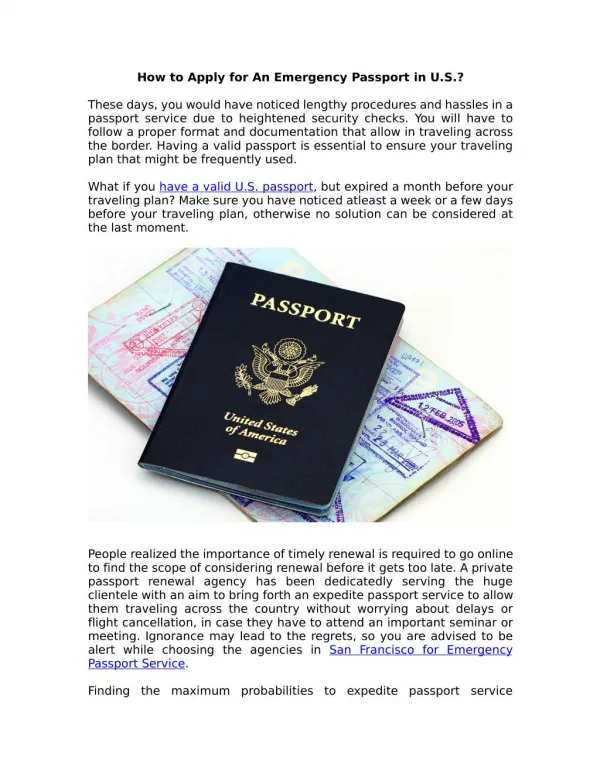 Who can provide emergency passport services in San Francisco?