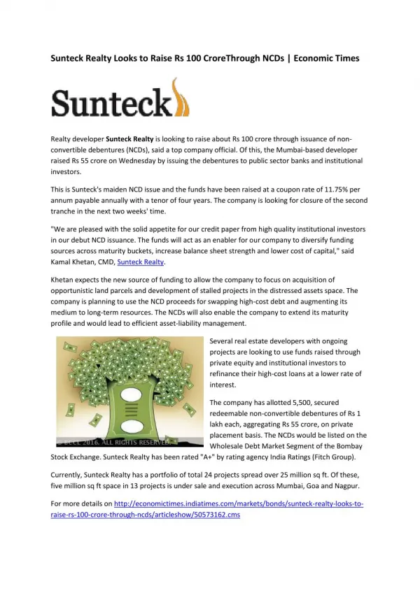 Sunteck Realty Looks to Raise Rs 100 crore Through NCDs | Economic Times