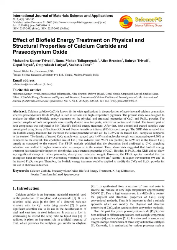 Effect of Biofield Energy Treatment On Calcium Carbide and Praseodymium Oxide