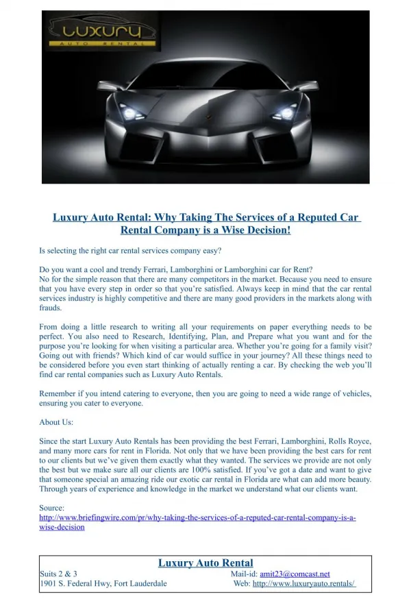 Luxury Auto Rental: Why Taking The Services of a Reputed Car Rental Company a Wise Decision!