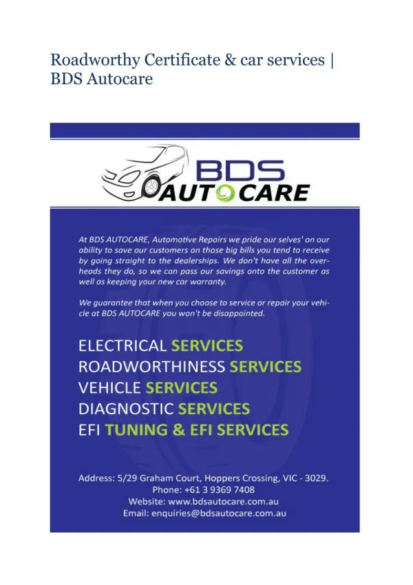 Roadworthy Certificate & car services | BDS Autocare