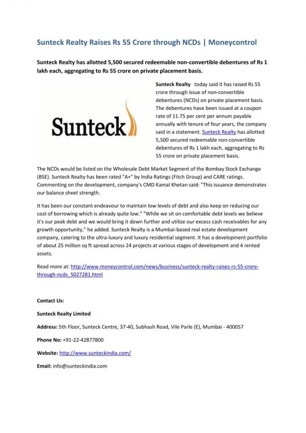 Sunteck Realty Raises Rs 55 Crore through NCDs - Moneycontrol