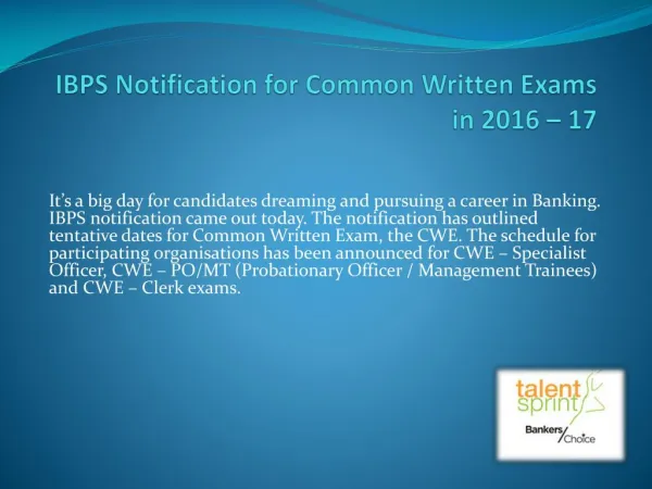 IBPS Notification for Common Written Exams in 2016 – 17