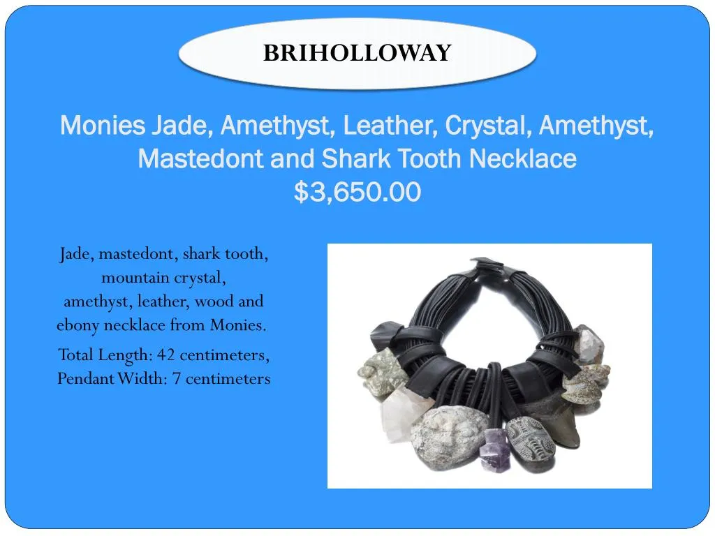 monies jade amethyst leather crystal amethyst mastedont and shark tooth necklace 3 650 00