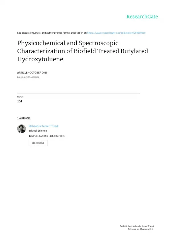Spectral Properties of Biofield Treated Butylated Hydroxytoluene