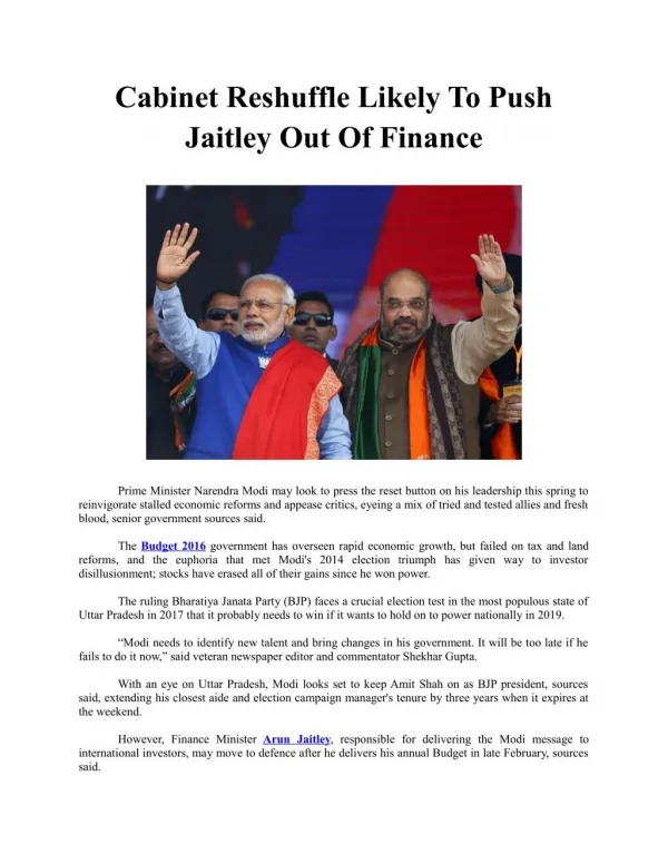 Cabinet Reshuffle Likely To Push Jaitley Out Of Finance