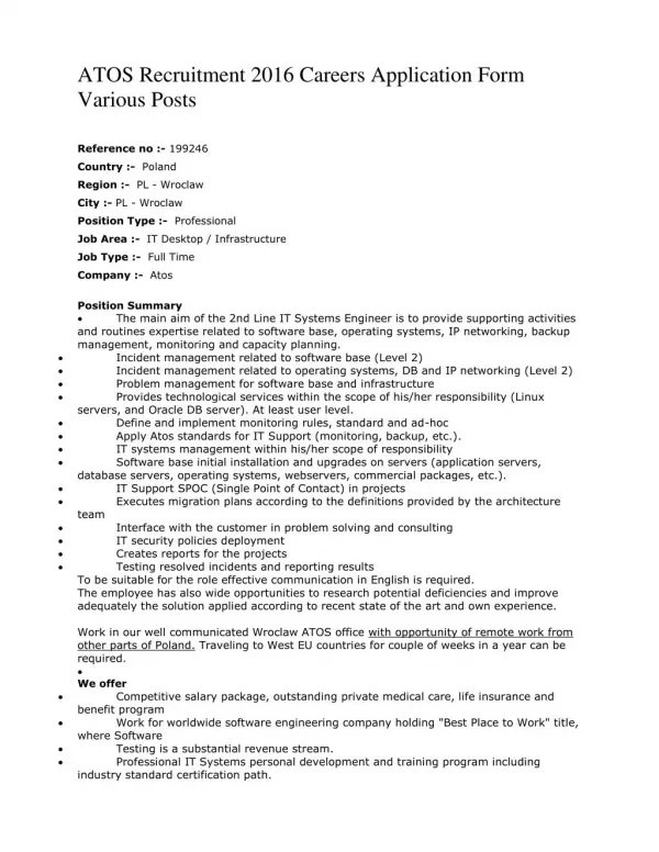 ATOS Recruitment 2016 Careers Application Form Various Posts