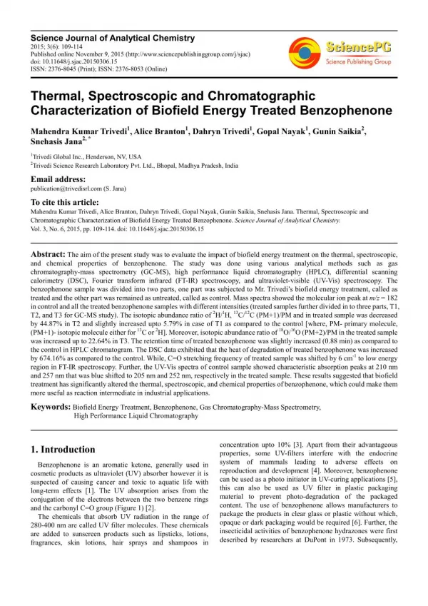 Thermal, Spectroscopic and Chromatographic Characterization of Biofield Energy Treated Benzophenone