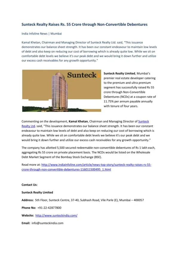 Sunteck Realty Raises Rs. 55 Crore through Non Convertible Debentures | India Infoline