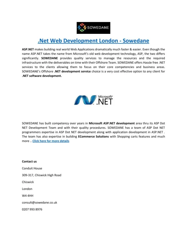 .Net Web Development London - Sowedane