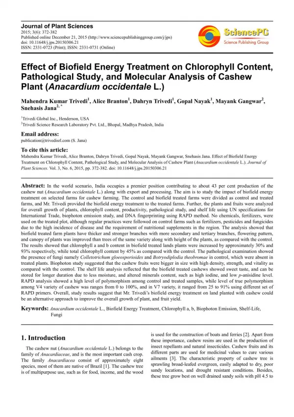 Analyze the Effect of Biofield Treatment on Cashew Plant