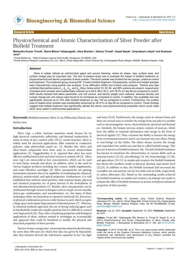 Characterization of Silver Powder after Biofield Treatment